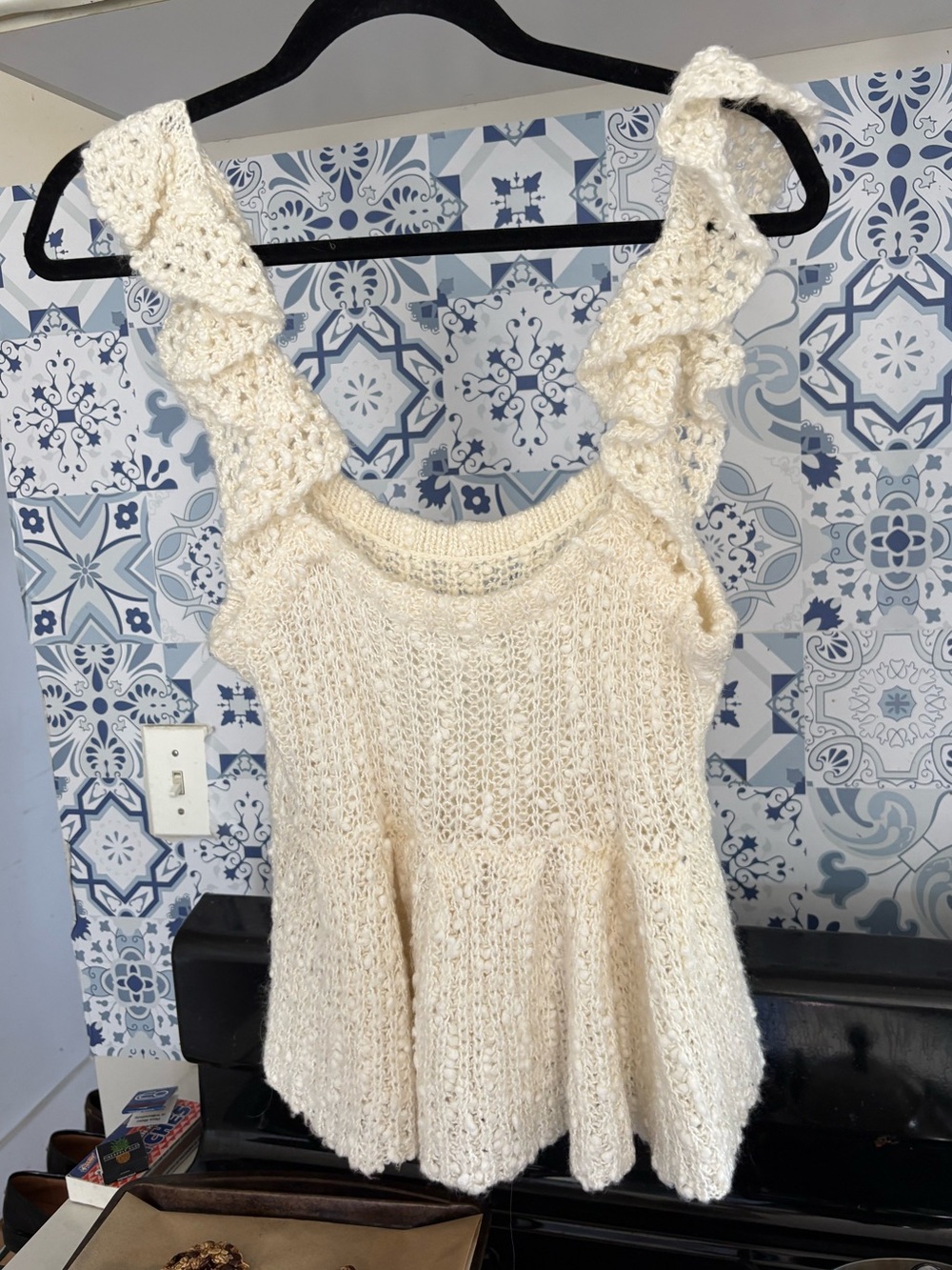 Knit Cream Crochet Ruffle Strap Tank